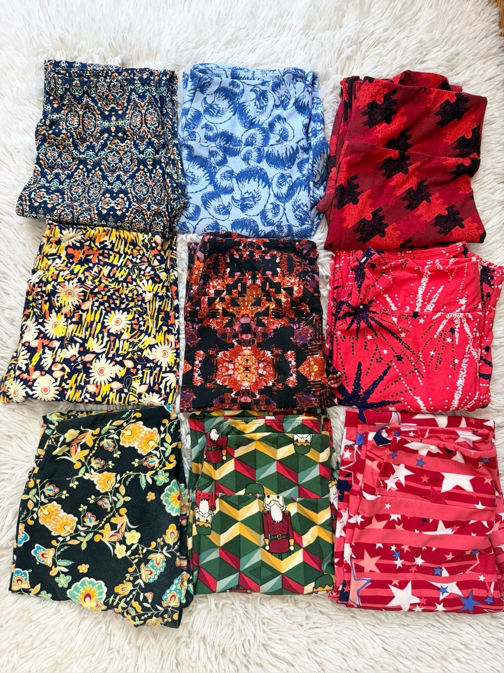 LuLaRoe Leggings Bundle - Red, Blue, Black, Yellow, Green Prints One Size 9 Pair